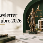 Newsletter | Outubro 2026 Newsletter Outubro 2026: figura da Justiça e edifício residencial sobre uma mesa, em tons de verde e dourado