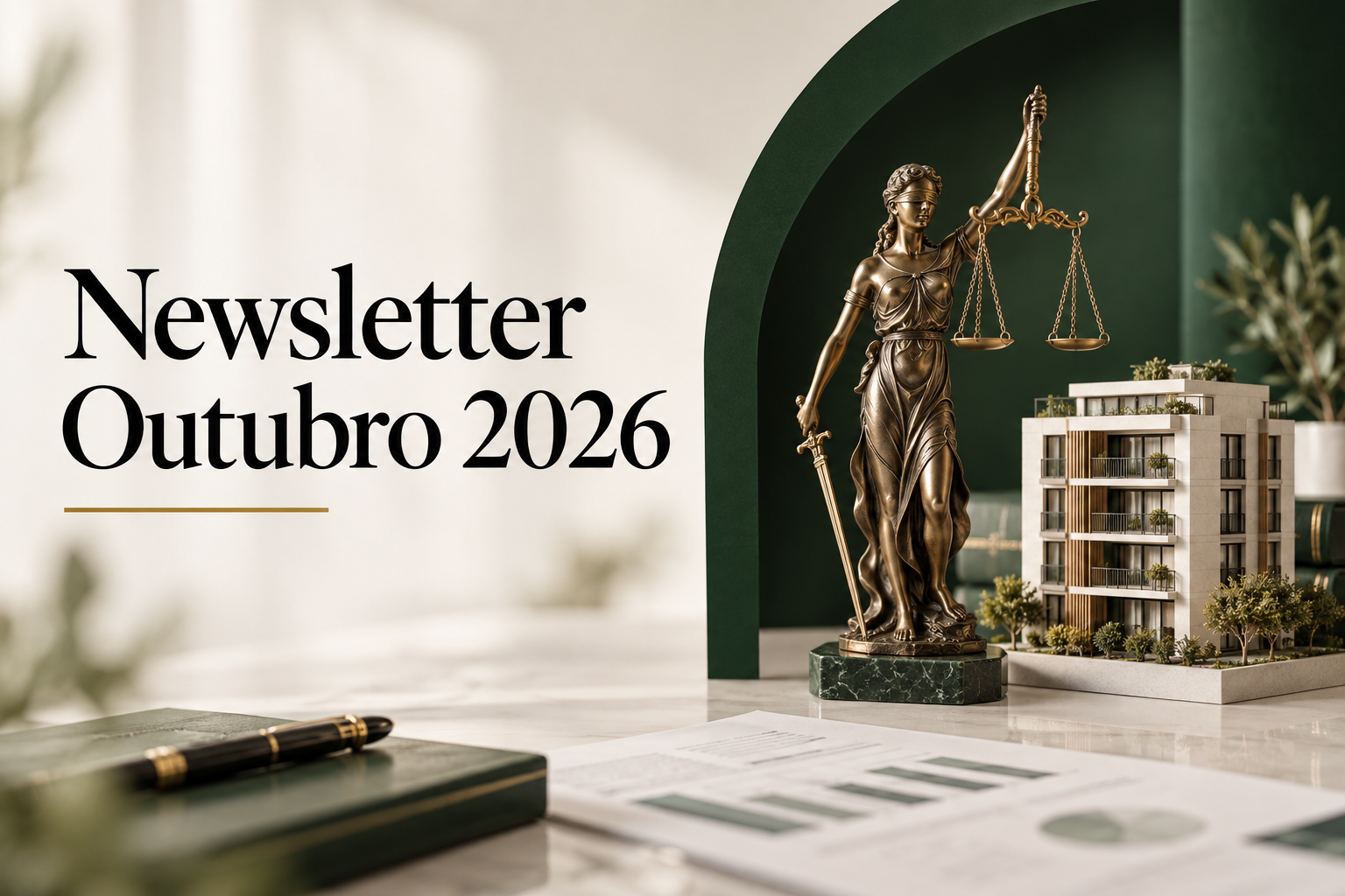 Newsletter Outubro 2026: figura da Justiça e edifício residencial sobre uma mesa, em tons de verde e dourado